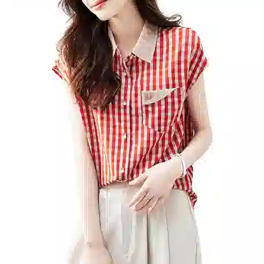 【dme】 休闲宽松格子印花短袖衬衫 女款 橙红