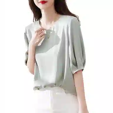 【dme】 纯色圆领搭休闲短袖衬衫 女款 灰豆绿