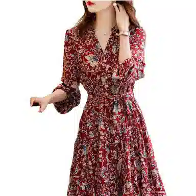 【dme】 花卉满印收腰显瘦长袖连衣裙 酱红色