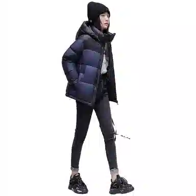 鸭鸭 撞色拼接休闲连帽长袖厚款保暖小个子面包服情侣外穿百搭羽绒服 女款