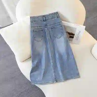 她池 纯色高腰简约牛仔长裙 女款 浅蓝色