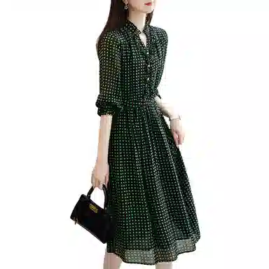 【dme】 波点雪纺收腰长袖连衣裙 绿色