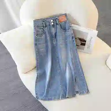 她池 纯色高腰简约牛仔长裙 女款 浅蓝色