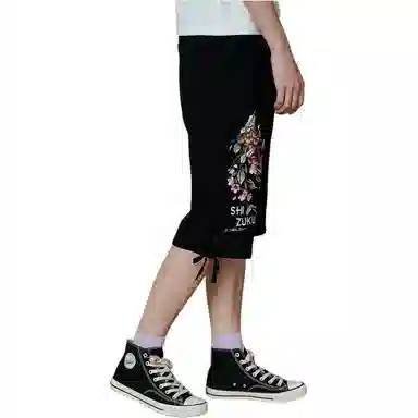 鬼洗 初花印绣花休闲短裤 女款 黑色