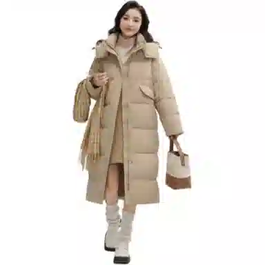 鸭鸭 长款连帽保暖长袖纯色羽绒服 女款