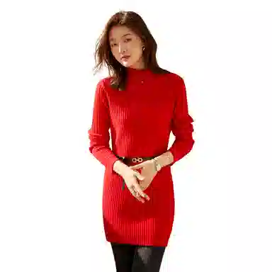 恒源祥 纯色中长款坑条毛衣 女款