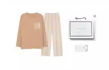 歌倩雅 带胸垫圆领套头长袖长裤简约睡衣礼盒 女款 卡其色