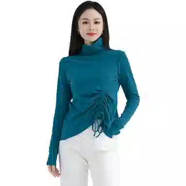 美洋 纯色不规则抽褶后开叉针织衫 女款