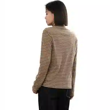 善己 休闲高领条纹长袖针织衫 女款 棕色