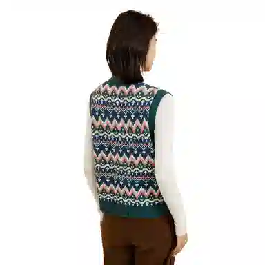 恒源祥 北欧撞色提花羊毛开衫背心 女款