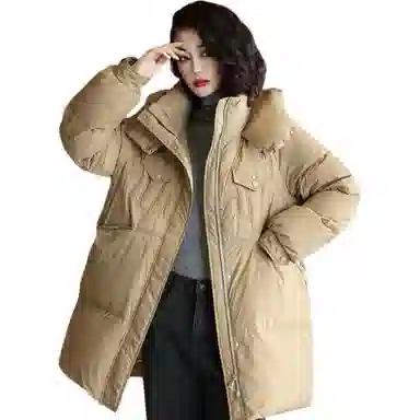 鸭鸭 保暖连帽中长款宽松长袖羽绒服 女款