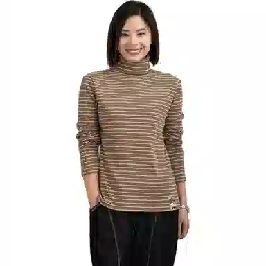 善己 休闲高领条纹长袖针织衫 女款 棕色