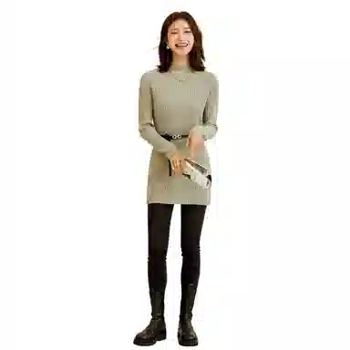 恒源祥 纯色中长款坑条毛衣 女款