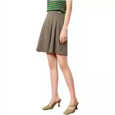 玖姿安娜蔻 通勤压褶短款百褶休闲短裙 女款 咖啡