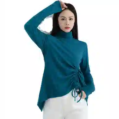 美洋 纯色不规则抽褶后开叉针织衫 女款