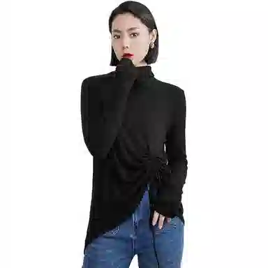 美洋 纯色不规则抽褶后开叉针织衫 女款