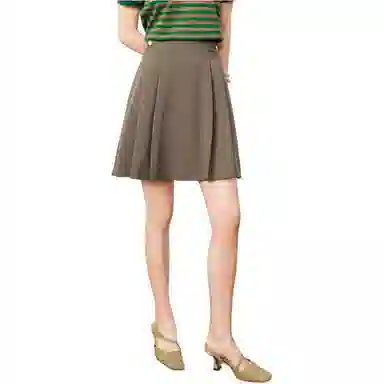 玖姿安娜蔻 通勤压褶短款百褶休闲短裙 女款 咖啡