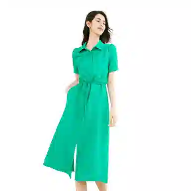 晚白 高腰抽绳亚麻连衣裙 女款 湖绿色