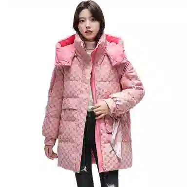 鸭鸭 格子印花宽松连帽中长款羽绒服 女款