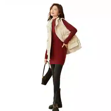 恒源祥 纯色中长款坑条毛衣 女款