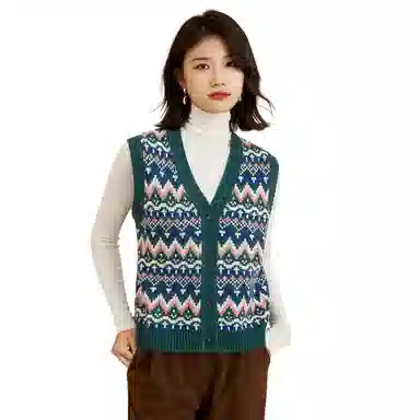恒源祥 北欧撞色提花羊毛开衫背心 女款