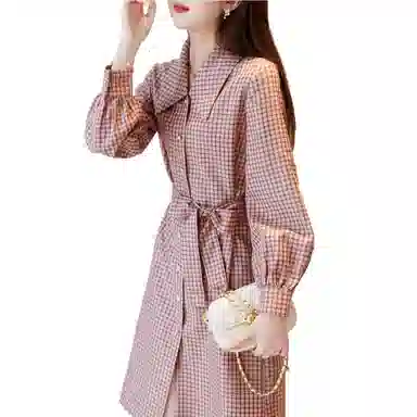 【dme】 简约收腰格子衬衫长袖连衣裙 皮粉