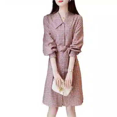 【dme】 简约收腰格子衬衫长袖连衣裙 皮粉