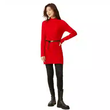 恒源祥 纯色中长款坑条毛衣 女款