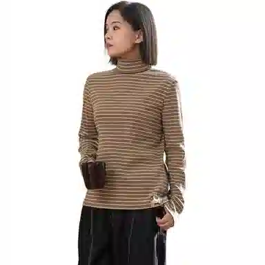 善己 休闲高领条纹长袖针织衫 女款 棕色