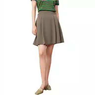 玖姿安娜蔻 通勤压褶短款百褶休闲短裙 女款 咖啡