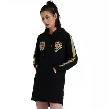 鬼洗 休闲连帽套头长袖连衣裙 女款 黑色