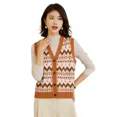 恒源祥 北欧撞色提花羊毛开衫背心 女款