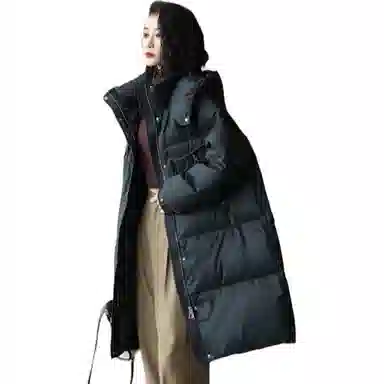 鸭鸭 纯色宽松连帽保暖长款长袖羽绒服 女款