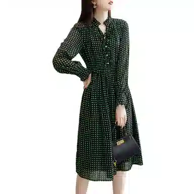 【dme】 波点雪纺收腰长袖连衣裙 绿色