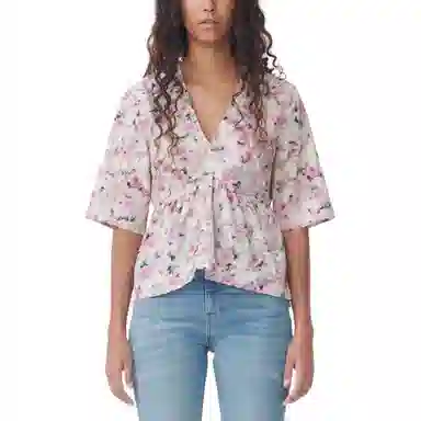 GANNI Printed Cotton V-Neck Peplum Blouse V