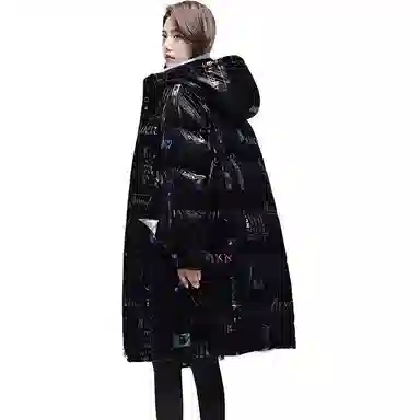 鸭鸭 中长款连帽时尚撞色亮面羽绒服 女款