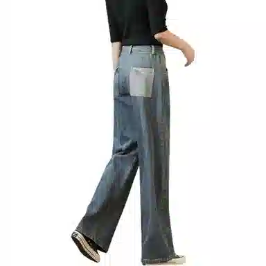 善己 纯色高腰直筒休闲牛仔裤 女款 蓝色