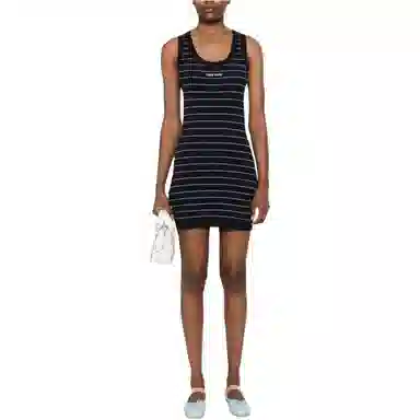 Miu Miu SS24 Striped Logo Dress Navy