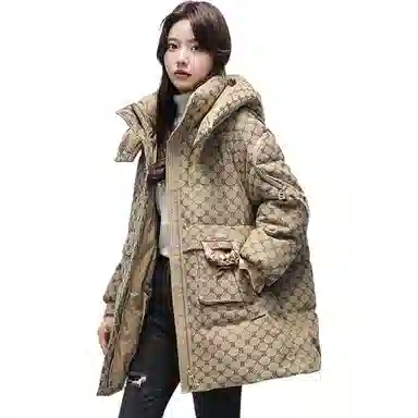 鸭鸭 格子印花宽松连帽中长款羽绒服 女款