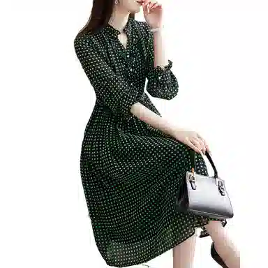 【dme】 波点雪纺收腰长袖连衣裙 绿色