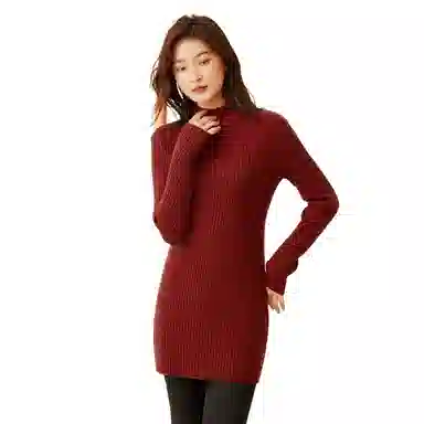 恒源祥 纯色中长款坑条毛衣 女款