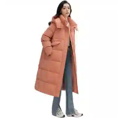 鸭鸭 长款连帽保暖长袖纯色羽绒服 女款