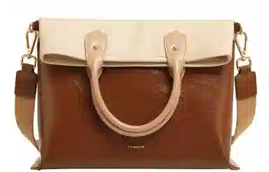 妙迪 高级感拼接撞色大容量时尚百搭简约通勤 柔软牛皮 一包三用 托特包手提单肩斜挎包 常规 女款 拿铁千层雪