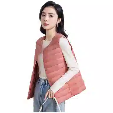 鸭鸭 纯色单排扣圆领无袖内搭外穿百搭日系极简风羽绒马甲 女款