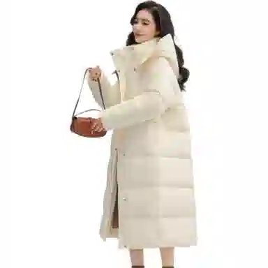 鸭鸭 长款连帽保暖长袖纯色羽绒服 女款
