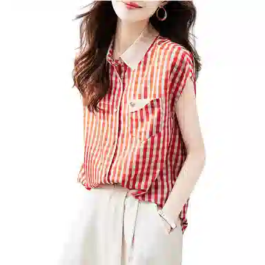 【dme】 休闲宽松格子印花短袖衬衫 女款 橙红