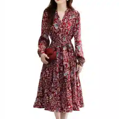 【dme】 花卉满印收腰显瘦长袖连衣裙 酱红色