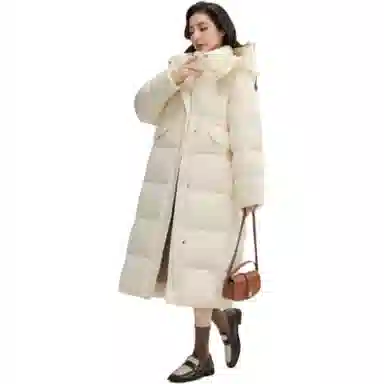 鸭鸭 长款连帽保暖长袖纯色羽绒服 女款