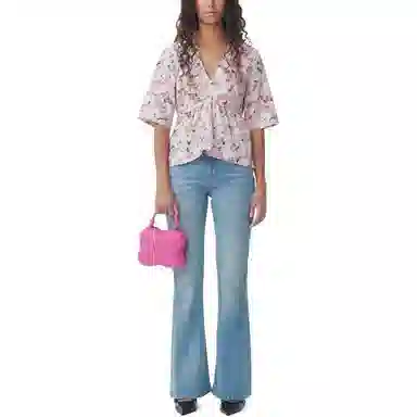 GANNI Printed Cotton V-Neck Peplum Blouse V