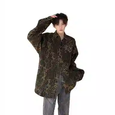 美式高街复古豹纹水洗宽松舒适单排扣夹克潮流百搭牛仔外套长袖衬衫 男女同款